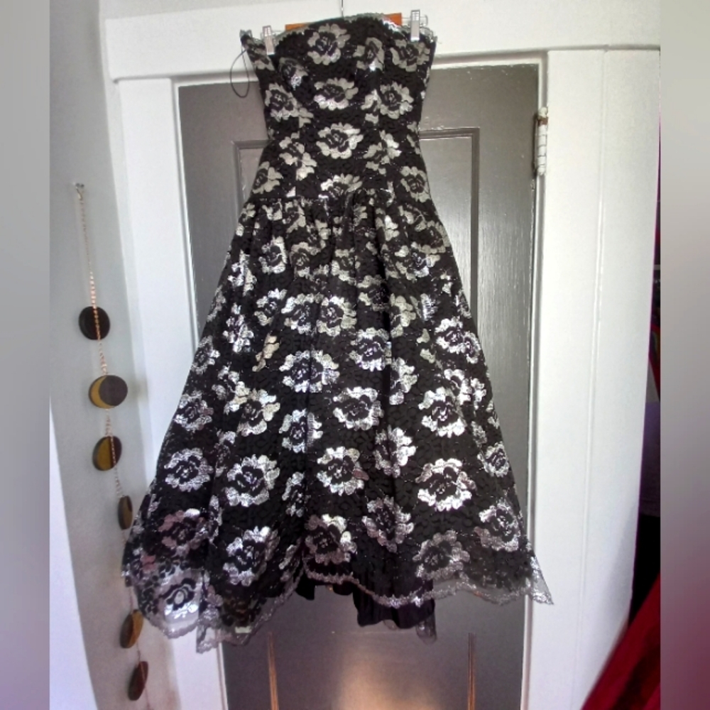 Vintage  black and metallic silver Floral Retro strapless dress